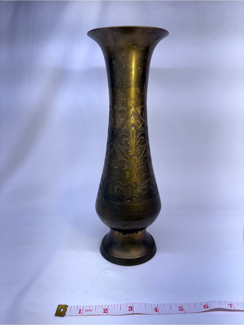 Vintage Hand-Etched Solid Brass Bud Vase – Ornate Floral Motif, ~7"